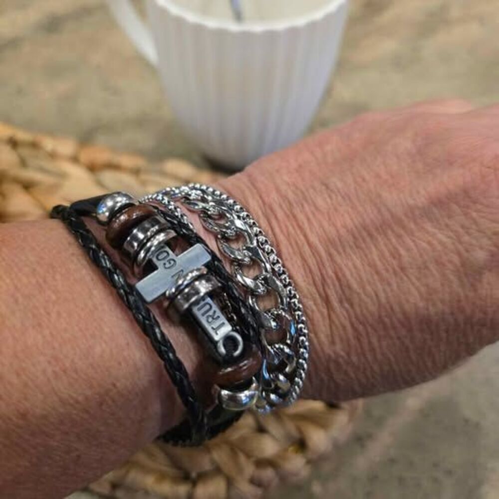 Men's Cross Leather and Silver-Tone Chain Bracelet Set